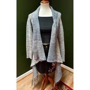 Knox Rose Blue‎ and Gray Knit Patchwork Fringed Hem Boho Sweater Women's XS